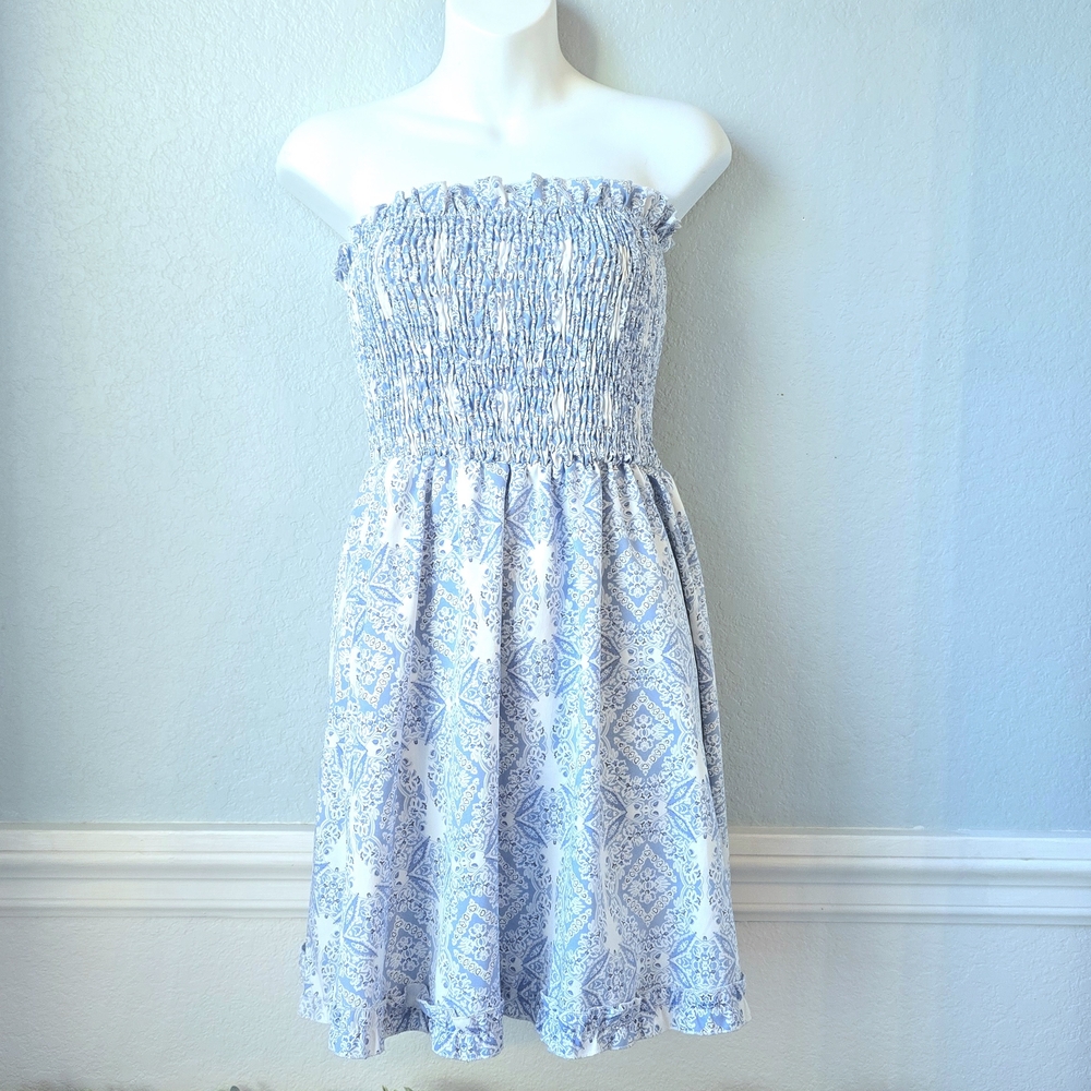 Strapless Blue and White Smocked Dress